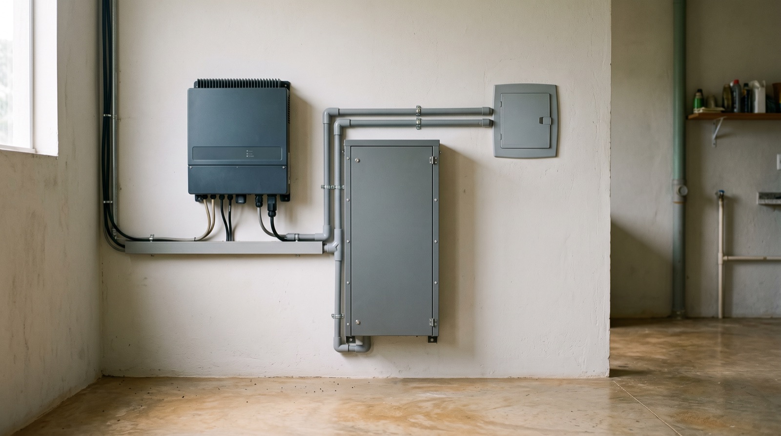 Inversor solar e gabinete de bateria instalados em parede de área técnica, com conduítes organizados e piso de cimento queimado.