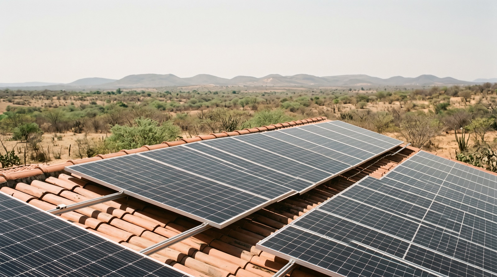 Placas solares instaladas em telhado de telha cerâmica, com a caatinga e serras baixas do interior do Rio Grande do Norte ao fundo, sob sol forte.