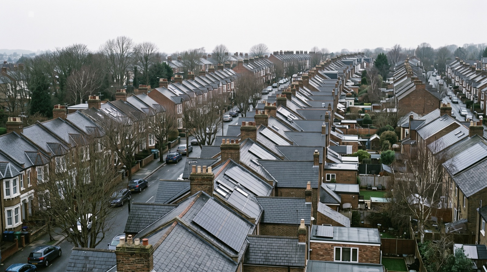 Fileiras de telhados de casas geminadas europeias com placas solares, sob luz difusa de céu encoberto.
